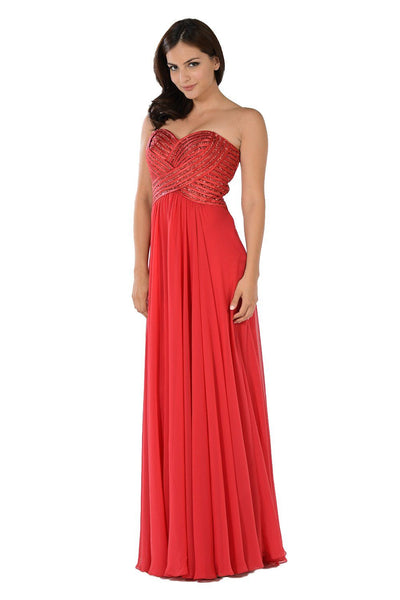 Red Strapless Sweetheart Gown with Sequined Top by Poly USA-Long Formal Dresses-ABC Fashion