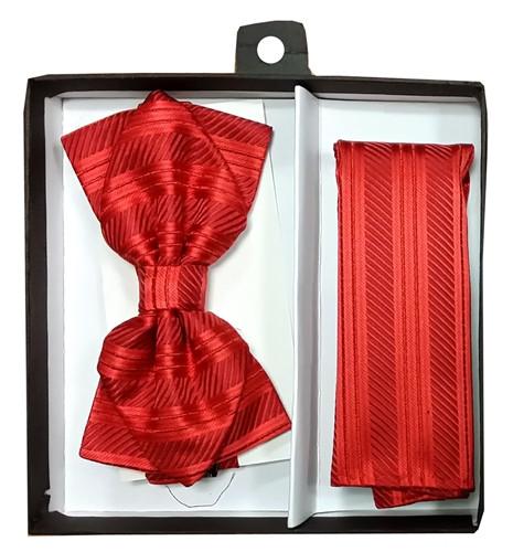 Red Striped Bow Tie with Pocket Square (Pointed Tip)-Men's Bow Ties-ABC Fashion