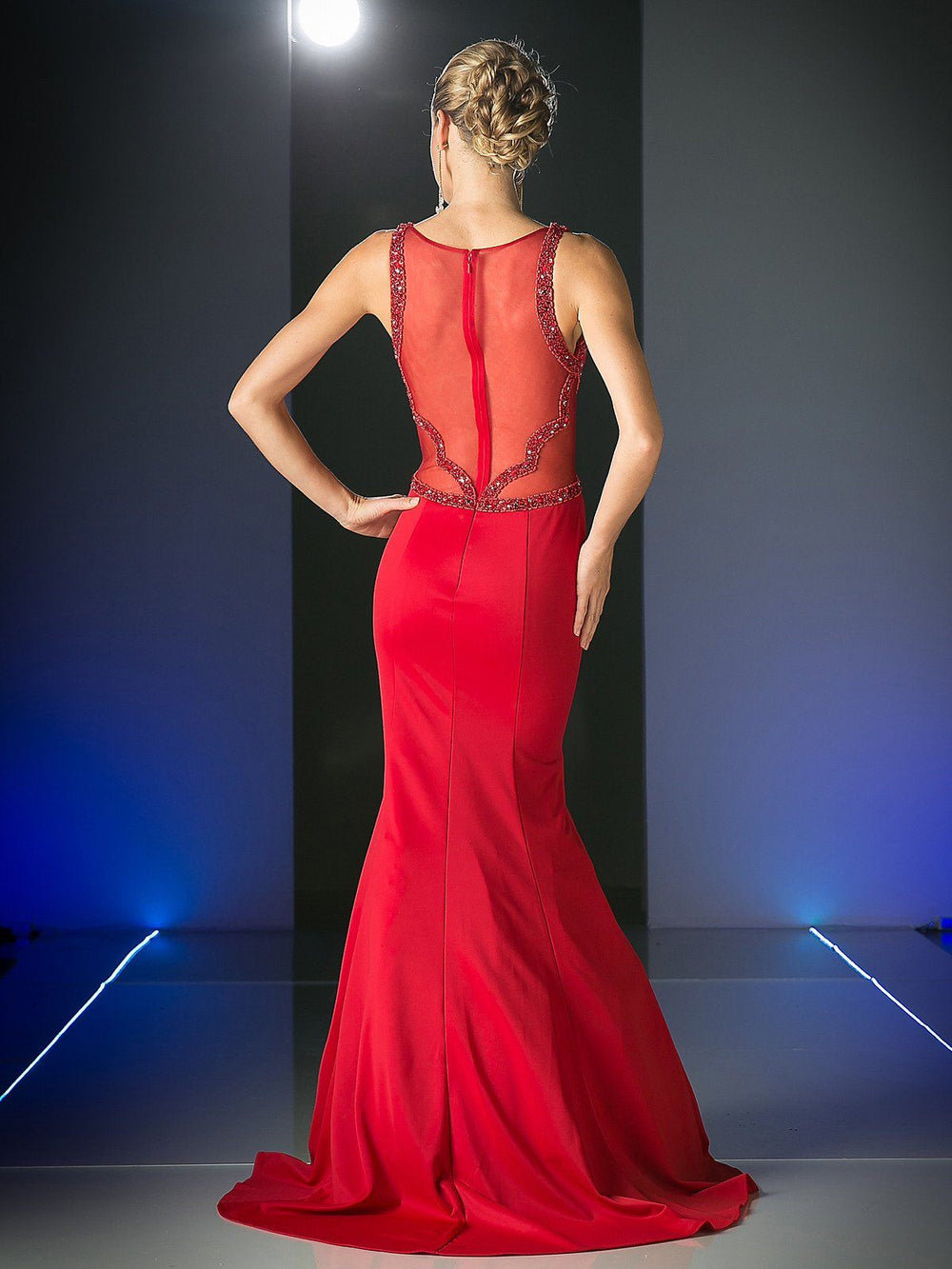 Red Trumpet Gown with Sequin Trim by Cinderella Divine CD495-Long Formal Dresses-ABC Fashion