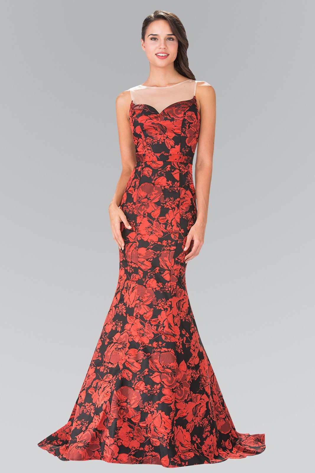 Red/Black Floral Print Dress with Sheer Neckline by Elizabeth K GL2246-Long Formal Dresses-ABC Fashion