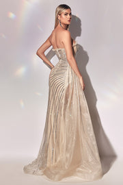 Rhinestone Fitted Strapless Slit Gown by Ladivine CD991