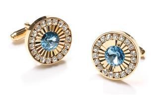 Round Gold Cufflinks with Aqua Blue Crystal-Men's Cufflinks-ABC Fashion