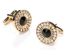 Round Gold Cufflinks with Black Gem and Clear Crystals-Men's Cufflinks-ABC Fashion