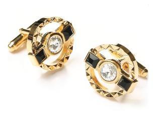 Round Gold Cufflinks with Black Stone and Clear Crystal-Men's Cufflinks-ABC Fashion