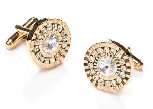 Round Gold Cufflinks with Clear Crystals-Men's Cufflinks-ABC Fashion