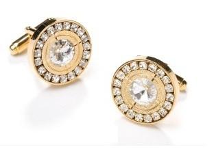 Round Gold Cufflinks with Clear Crystals-Men's Cufflinks-ABC Fashion