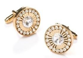 Round Gold Cufflinks with Clear Crystals-Men's Cufflinks-ABC Fashion