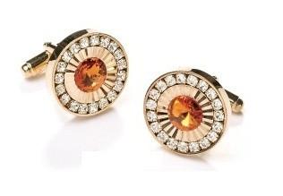 Round Gold Cufflinks with Orange Gem and Clear Crystals-Men's Cufflinks-ABC Fashion