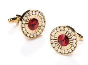 Round Gold Cufflinks with Red Gem and Clear Crystals-Men's Cufflinks-ABC Fashion