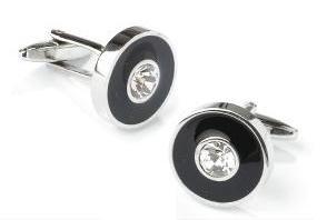 Round Silver and Black Cufflinks with a Clear Crystal-Men's Cufflinks-ABC Fashion