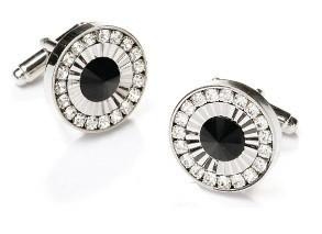 Round Silver Cufflinks with Black Stone and Clear Crystals-Men's Cufflinks-ABC Fashion