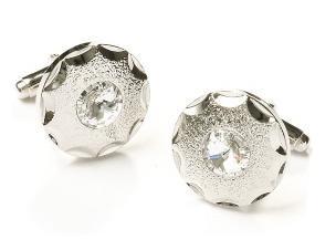 Round Silver Cufflinks with Clear Crystal-Men's Cufflinks-ABC Fashion