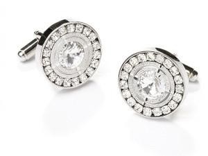 Round Silver Cufflinks with Clear Crystals-Men's Cufflinks-ABC Fashion