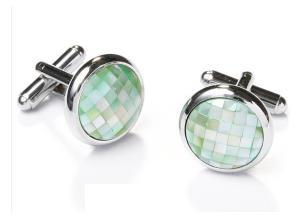 Round Silver Cufflinks with Green Mosaic-Men's Cufflinks-ABC Fashion