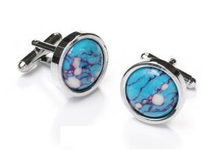 Round Silver Cufflinks with Turquoise Marble-Men's Cufflinks-ABC Fashion