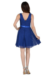 Royal Blue Short Knee Length Chiffon Dress by Poly USA-Short Cocktail Dresses-ABC Fashion