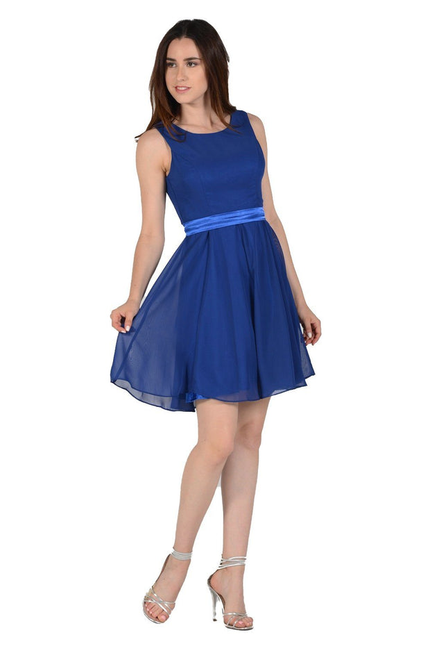Royal Blue Short Knee Length Chiffon Dress by Poly USA-Short Cocktail Dresses-ABC Fashion