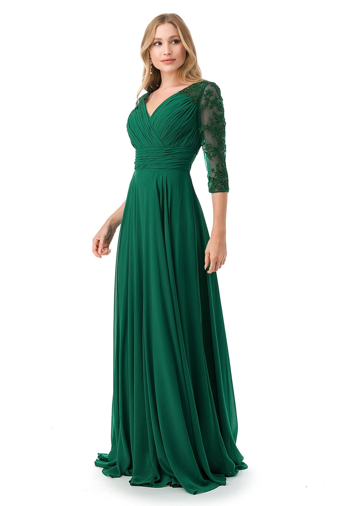 Ruched Applique 3/4 Sleeve A-line Gown by Coya M2733F
