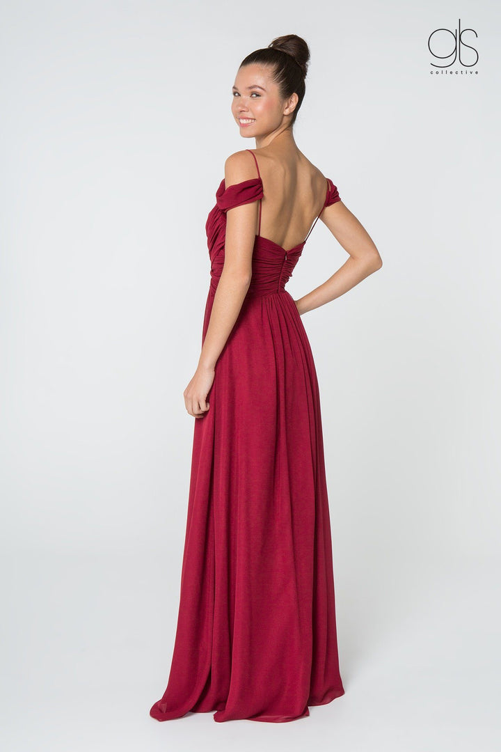 Ruched Long A-line Cold Shoulder Dress by Elizabeth K GL2824-Long Formal Dresses-ABC Fashion