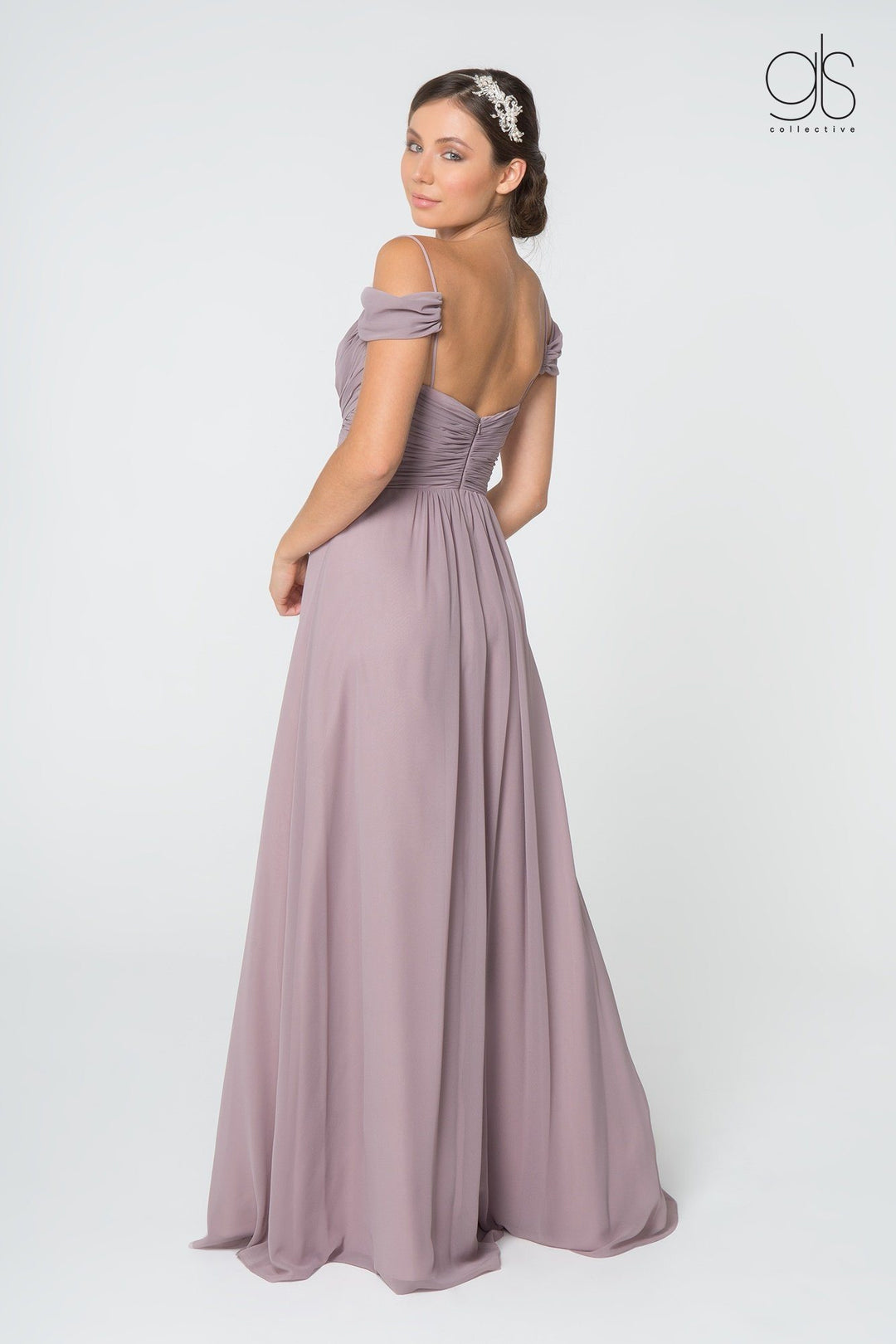 Ruched Long A-line Cold Shoulder Dress by Elizabeth K GL2824-Long Formal Dresses-ABC Fashion