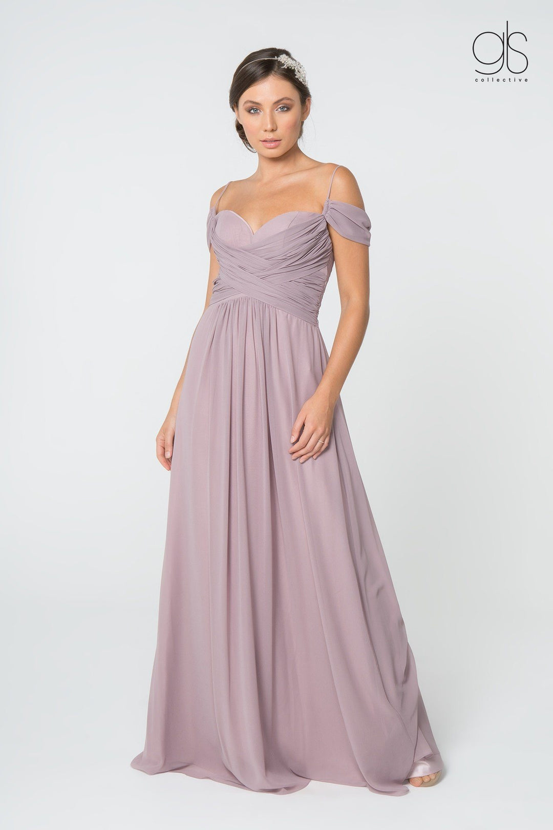 Ruched Long A-line Cold Shoulder Dress by Elizabeth K GL2824-Long Formal Dresses-ABC Fashion