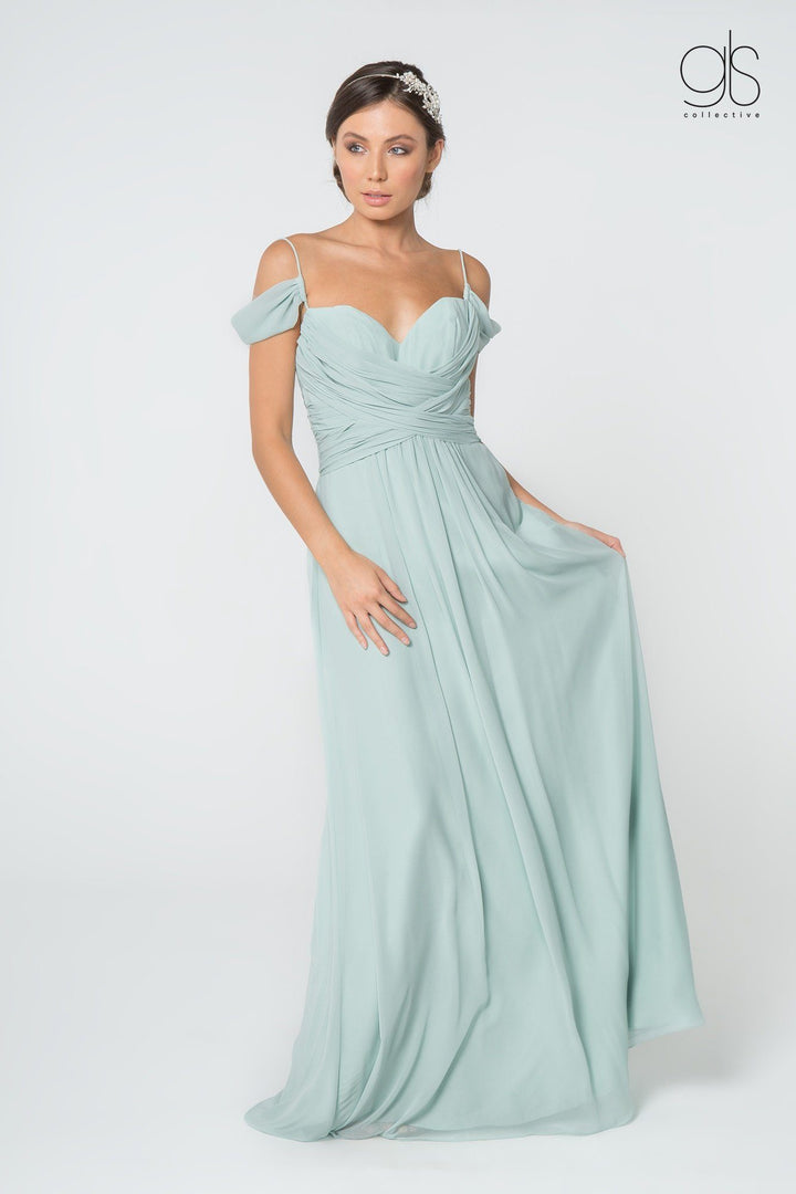 Ruched Long A-line Cold Shoulder Dress by Elizabeth K GL2824-Long Formal Dresses-ABC Fashion