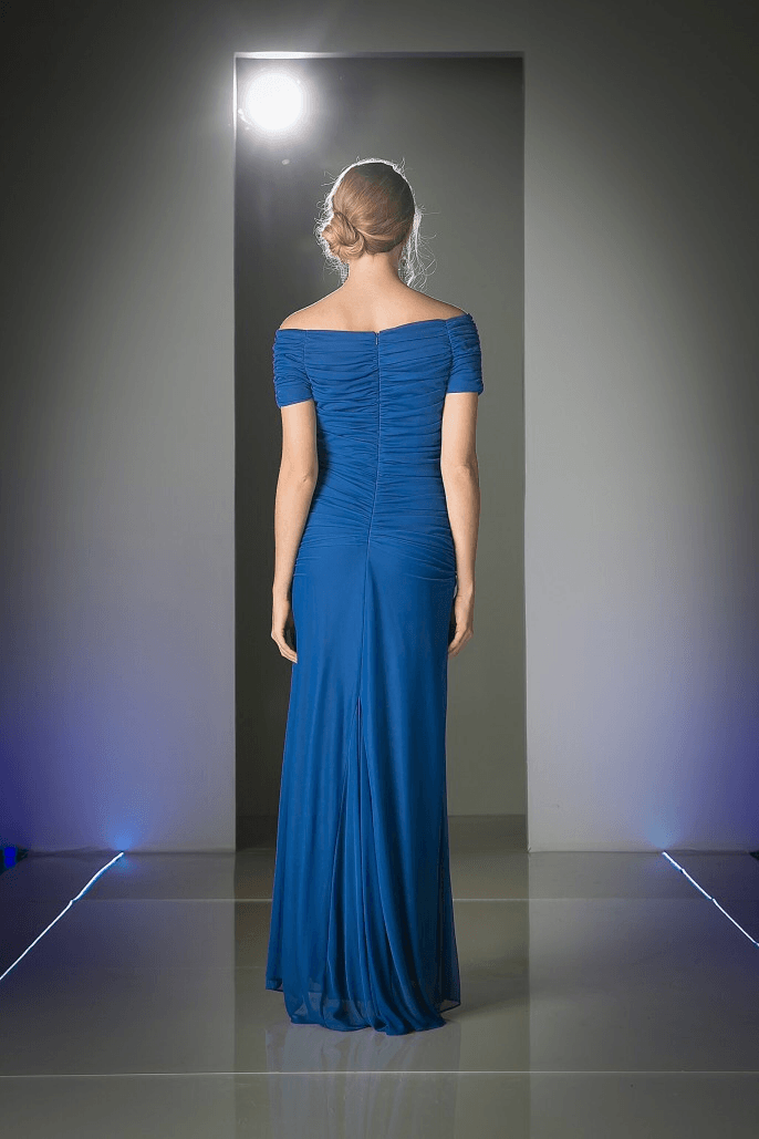 Ruched Long Dress with Short Sleeves by Cinderella Divine 3813-Long Formal Dresses-ABC Fashion