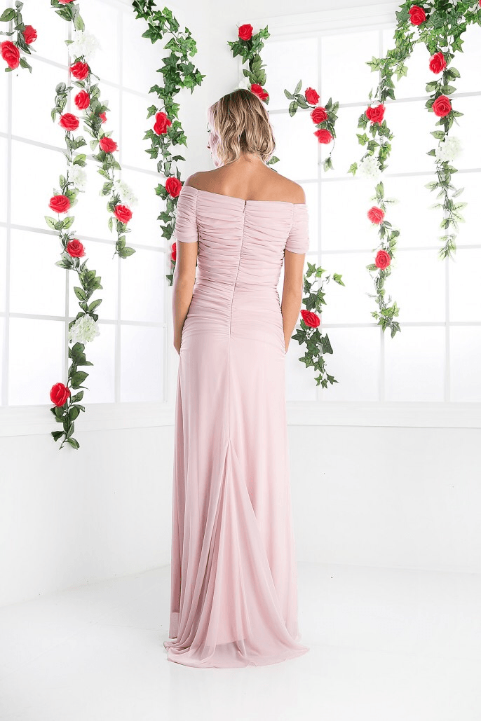 Ruched Long Dress with Short Sleeves by Cinderella Divine 3813-Long Formal Dresses-ABC Fashion