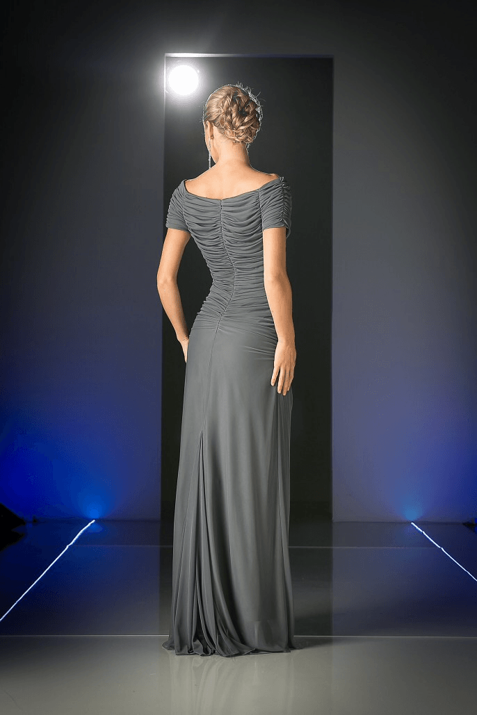 Ruched Long Dress with Short Sleeves by Cinderella Divine 3813-Long Formal Dresses-ABC Fashion
