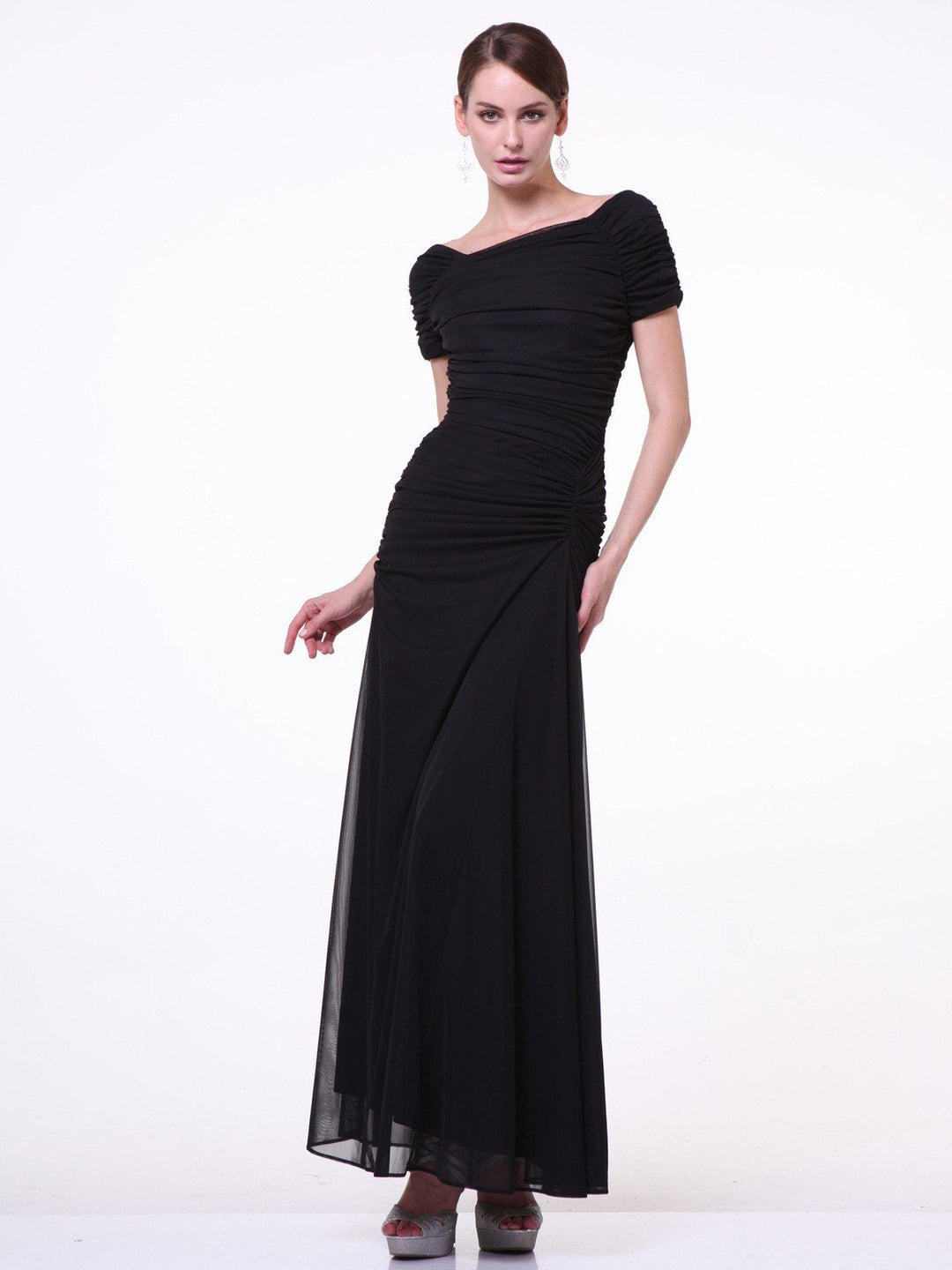 Ruched Long Dress with Short Sleeves by Cinderella Divine 3813-Long Formal Dresses-ABC Fashion