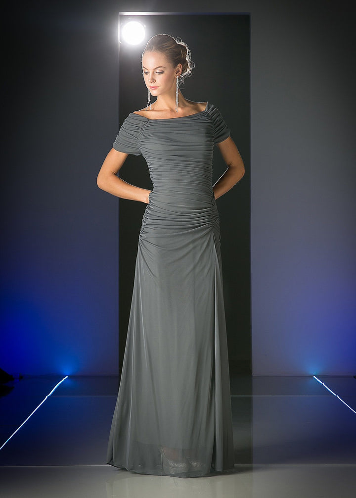 Ruched Long Dress with Short Sleeves by Cinderella Divine 3813-Long Formal Dresses-ABC Fashion