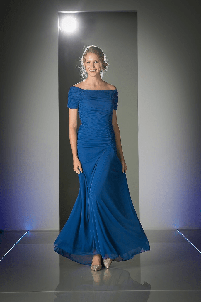 Ruched Long Dress with Short Sleeves by Cinderella Divine 3813-Long Formal Dresses-ABC Fashion