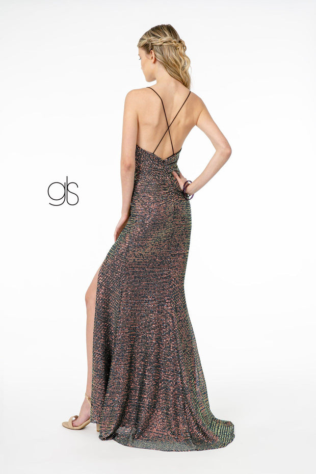 Ruched Long Fitted Sequin Dress with Side Slit by Elizabeth K GL1813