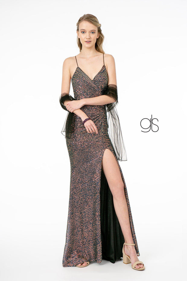 Ruched Long Fitted Sequin Dress with Side Slit by Elizabeth K GL1813