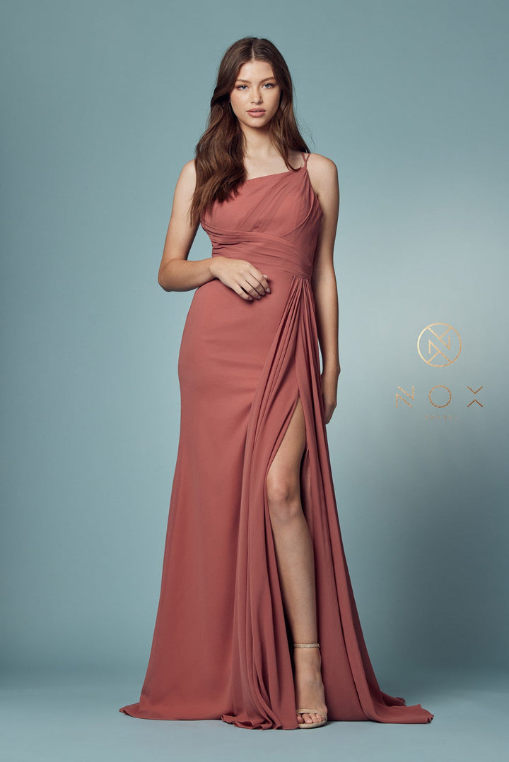 Ruched Long One Shoulder Dress by Nox Anabel E1005