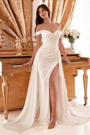 Ruched Off Shoulder Bridal Overskirt Gown by Ladivine WN315