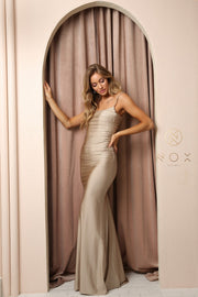 Ruched Trumpet Gown with Strappy Back by Nox Anabel K488