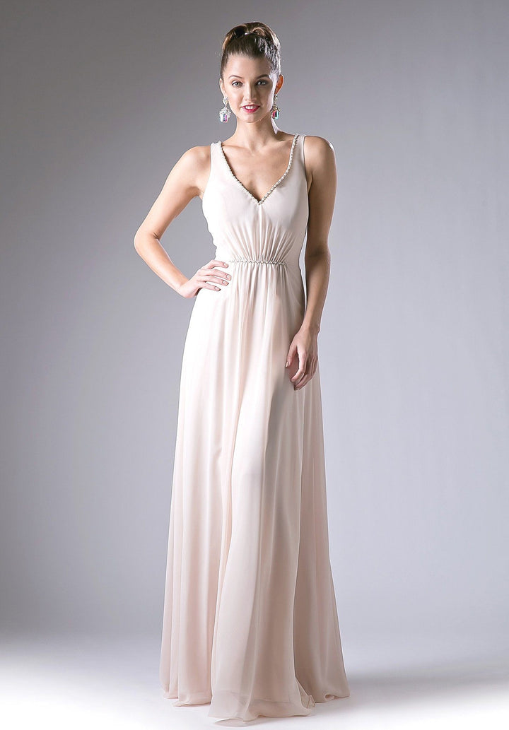 Ruched V-Neck Dress with Strappy Back by Cinderella Divine CH526-Long Formal Dresses-ABC Fashion