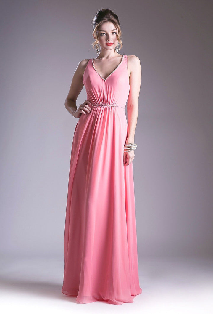 Ruched V-Neck Dress with Strappy Back by Cinderella Divine CH526-Long Formal Dresses-ABC Fashion