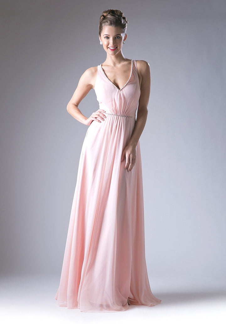 Ruched V-Neck Dress with Strappy Back by Cinderella Divine CH526-Long Formal Dresses-ABC Fashion