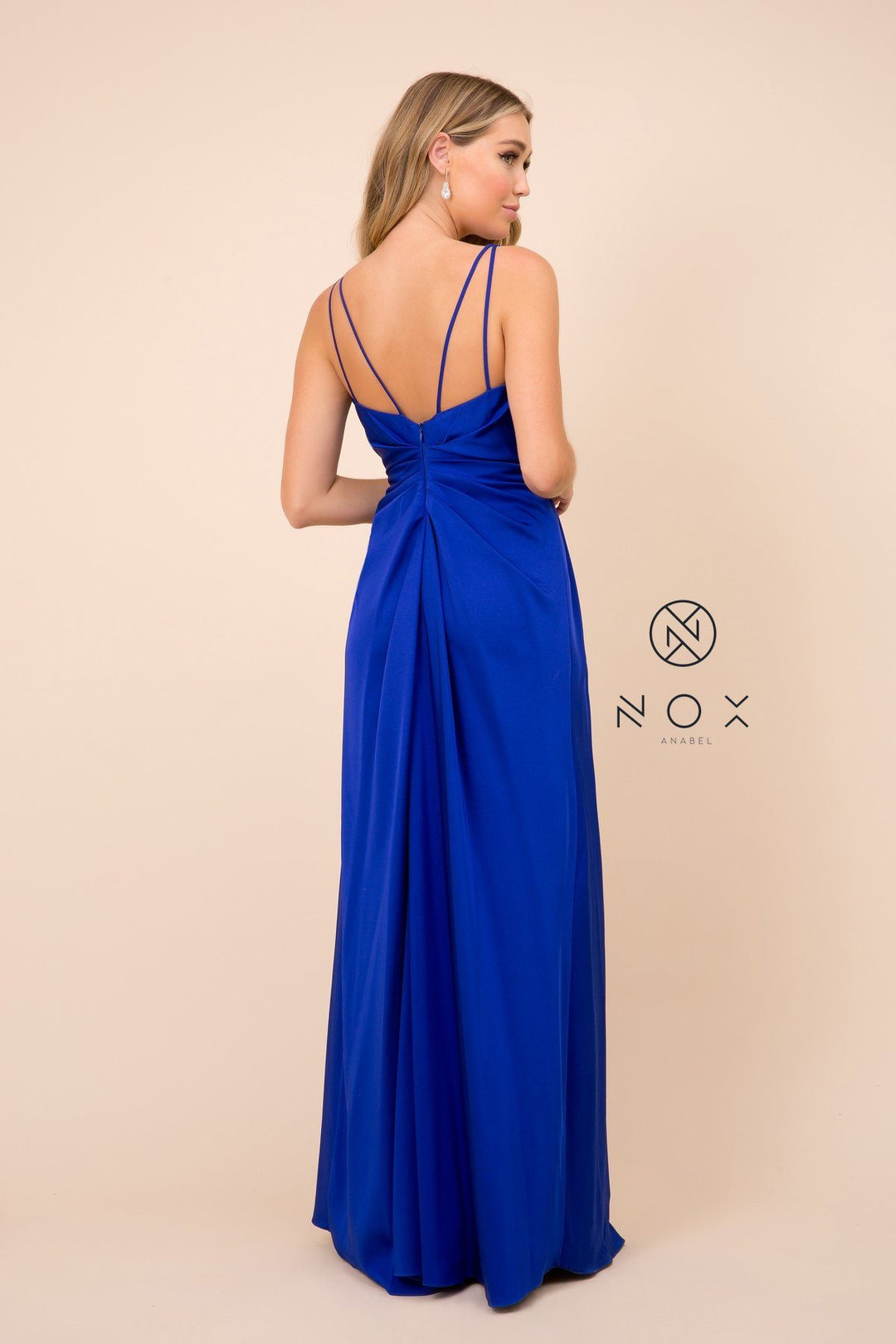 Ruched V-Neck Long Evening Gown by Nox Anabel 8347