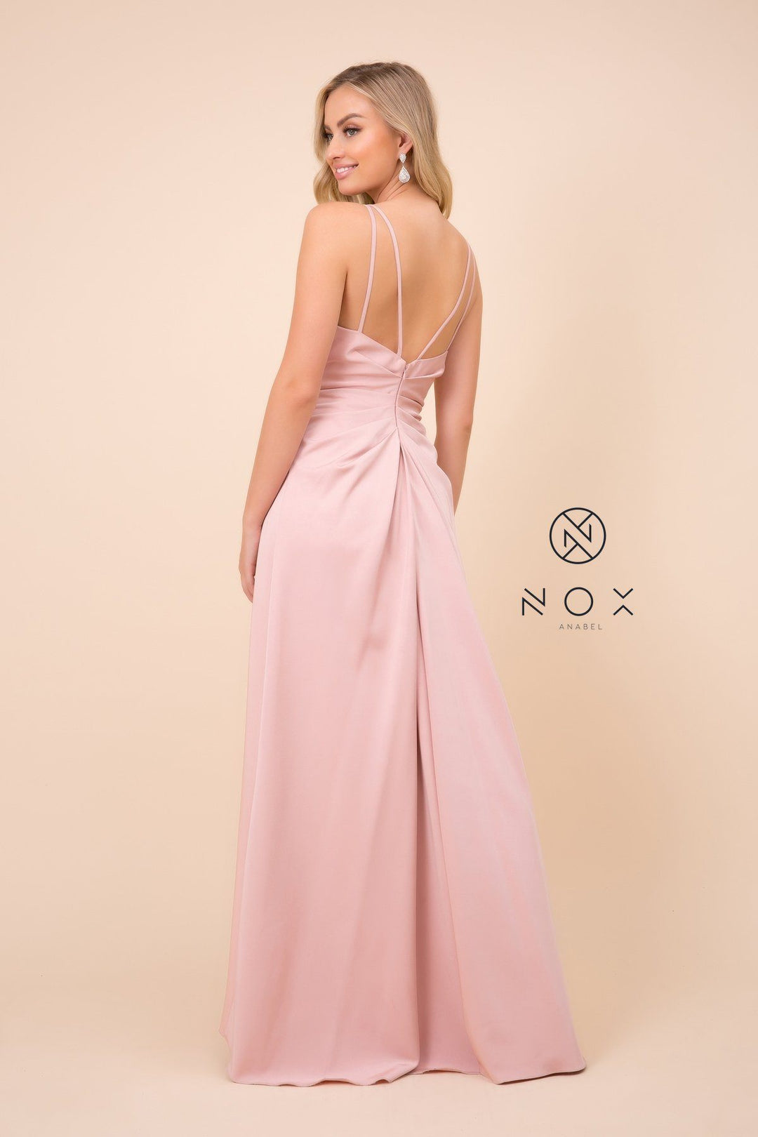 Ruched V-Neck Long Evening Gown by Nox Anabel 8347