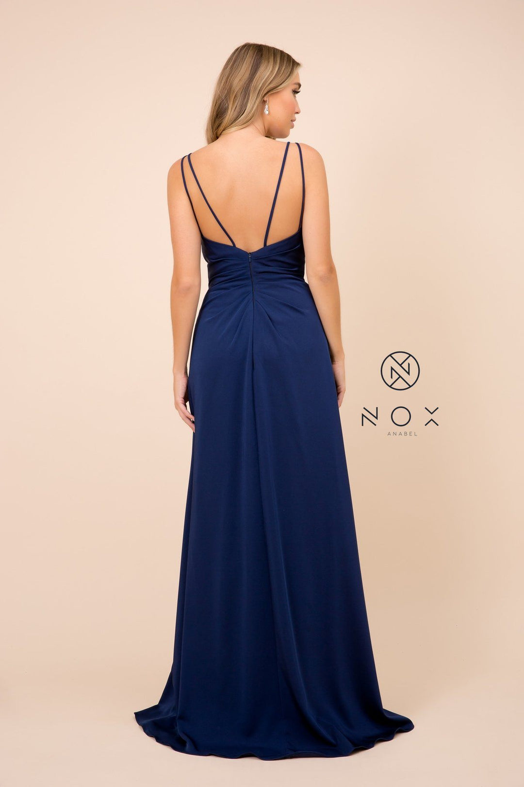 Ruched V-Neck Long Evening Gown by Nox Anabel 8347