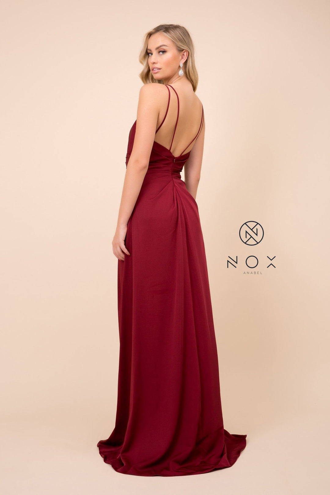 Ruched V-Neck Long Evening Gown by Nox Anabel 8347