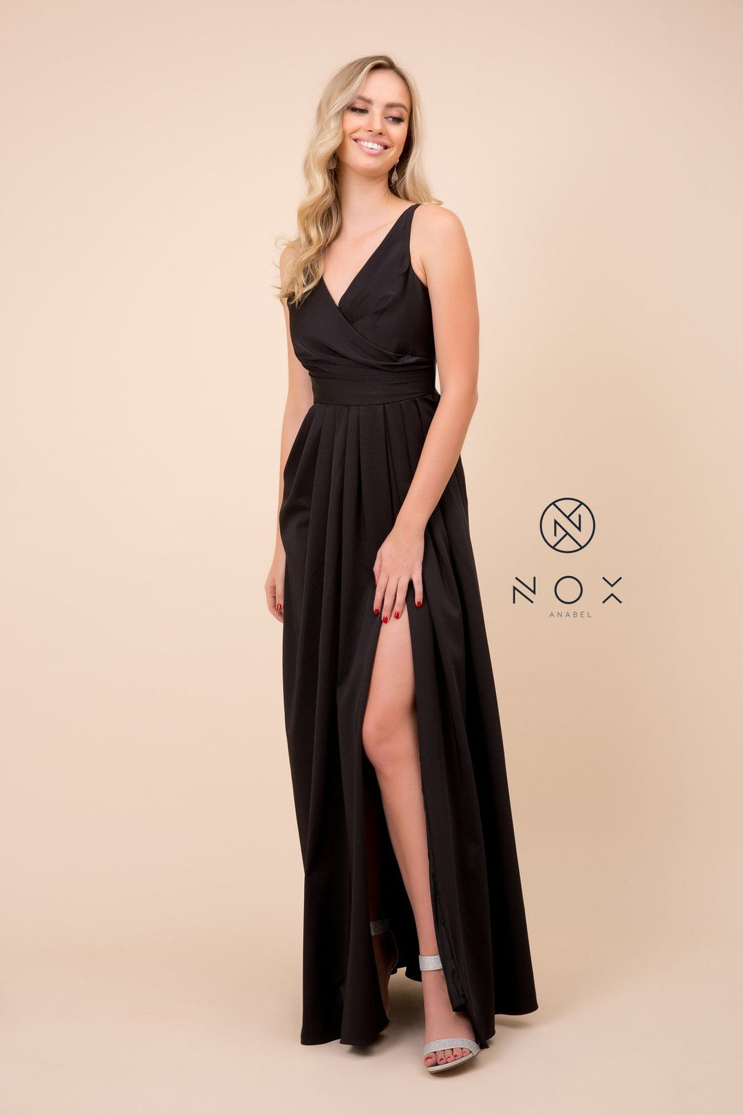 Ruched V-Neck Long Evening Gown by Nox Anabel 8347
