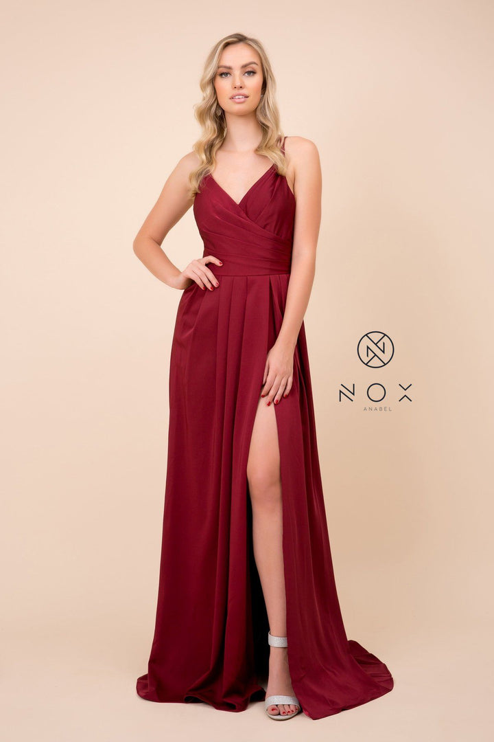 Ruched V-Neck Long Evening Gown by Nox Anabel 8347
