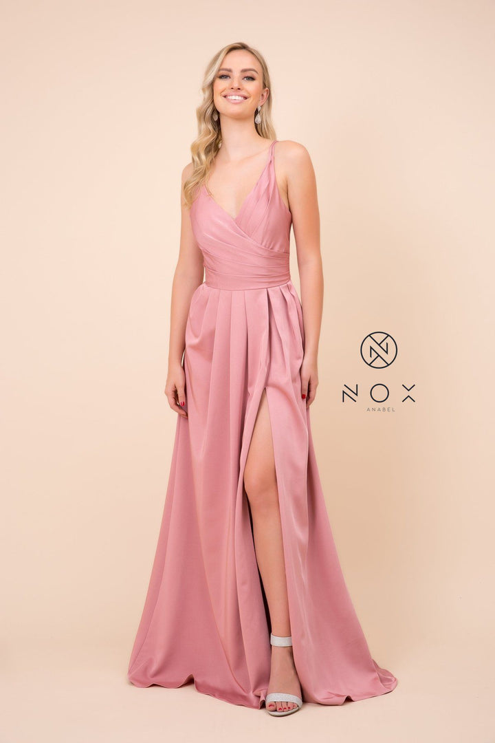 Ruched V-Neck Long Evening Gown by Nox Anabel 8347