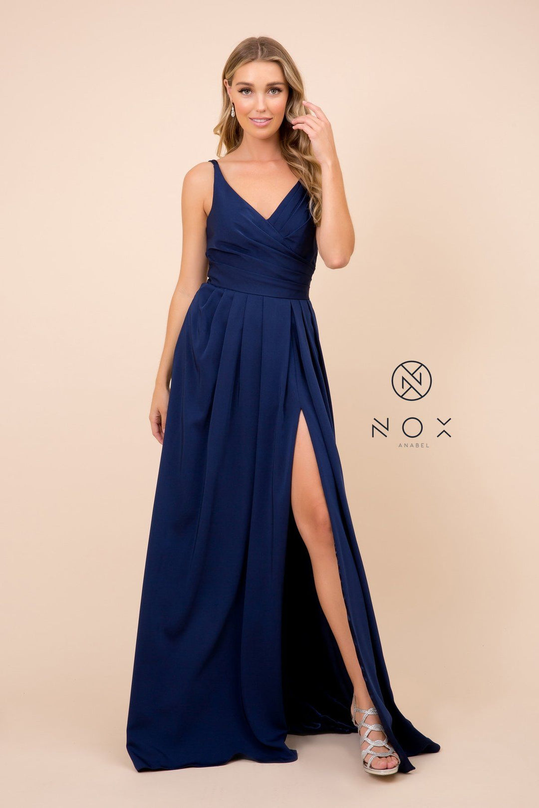 Ruched V-Neck Long Evening Gown by Nox Anabel 8347