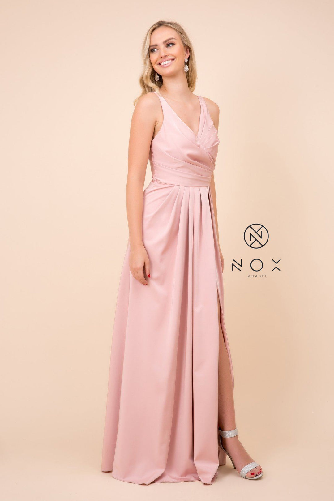 Ruched V-Neck Long Evening Gown by Nox Anabel 8347