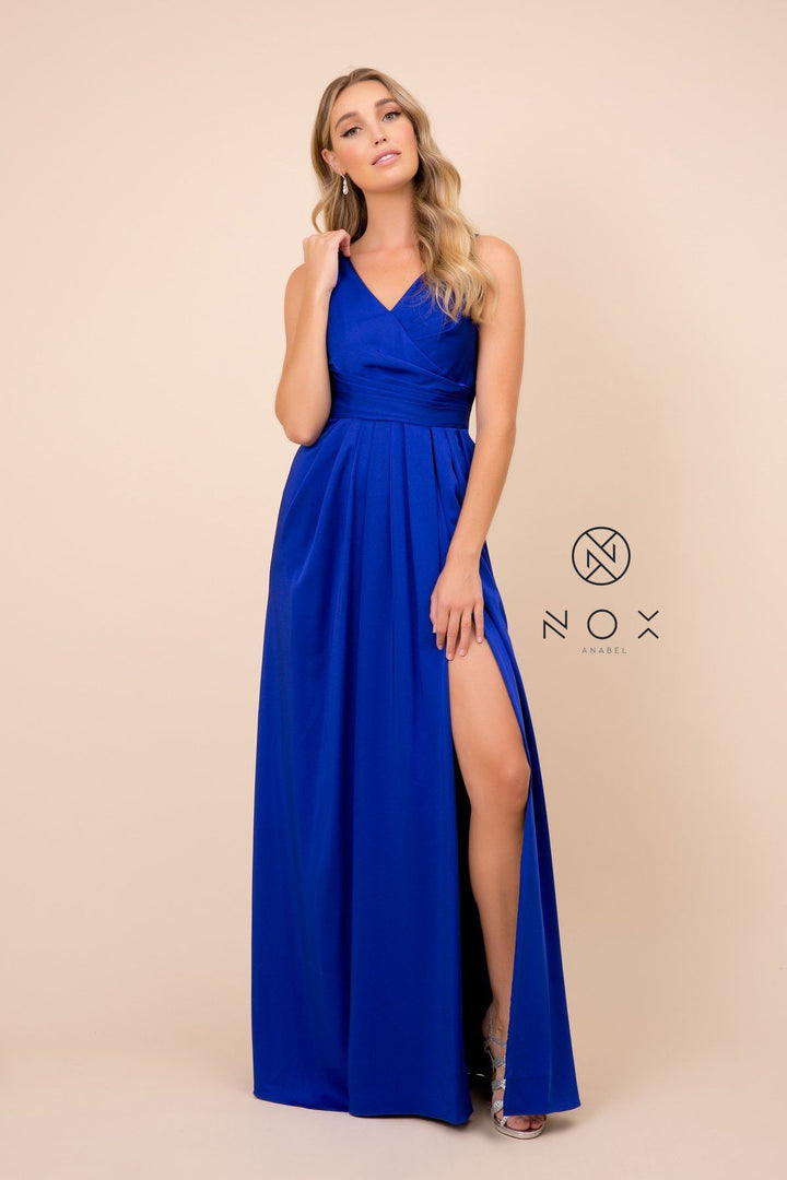 Ruched V-Neck Long Evening Gown by Nox Anabel 8347
